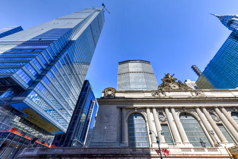 Looking up at One Vanderbilt and Grand Central Station in East Midtown Manhattan.